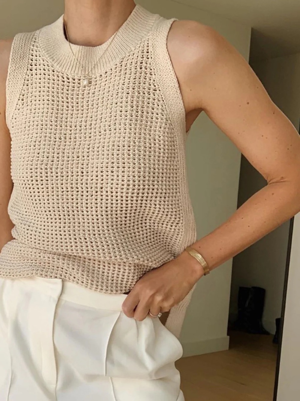 Commense Sleeveless Open-Knit Mock Neck Sweater Tank - Blush